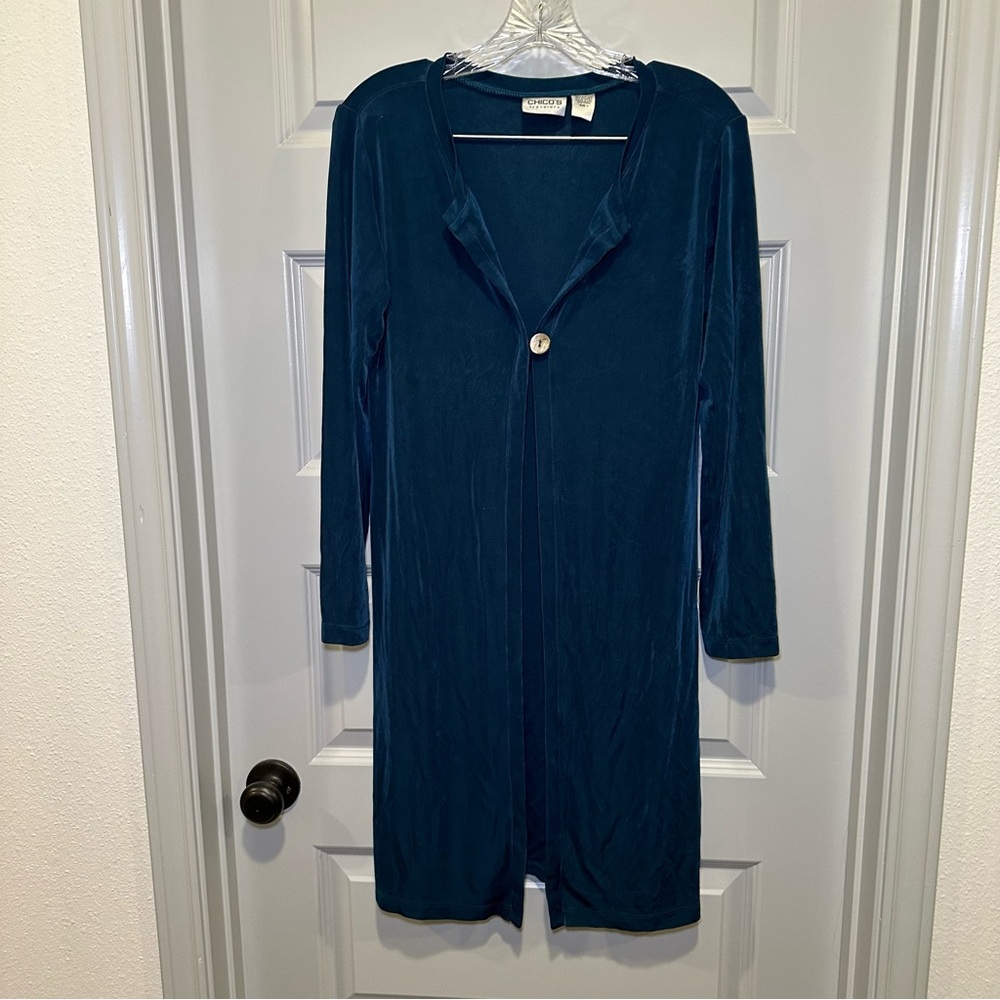 Chico’s Travelers Blue/Teal Acetate 1 button Long Cardigan size 1(M)
